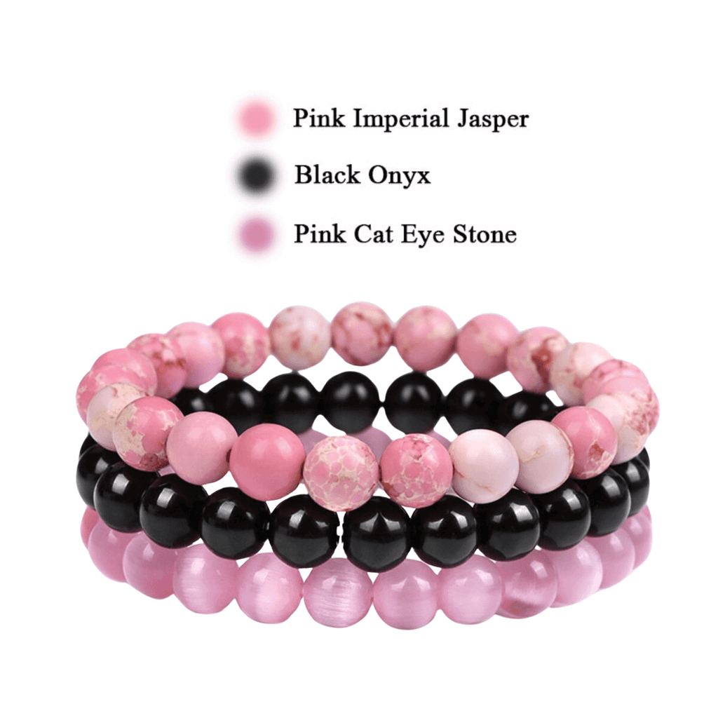 8mm Natural Stone Bracelet Pink Imperial Jasper/Black Onyx/Pink Cat Eye Stone 3 Piece Set