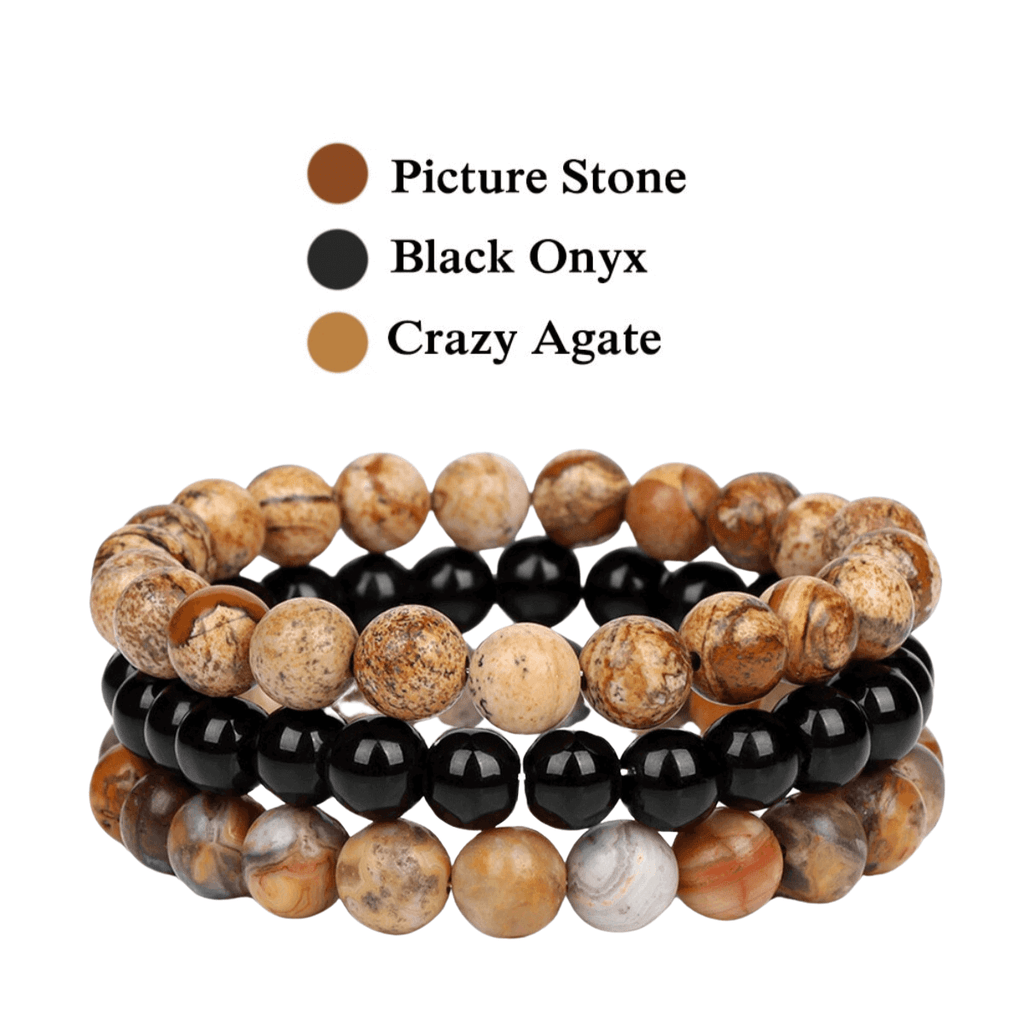 8mm Natural Stone Bracelet Picture Stone-Black Onyx-Crazy Agate 3 Piece Set