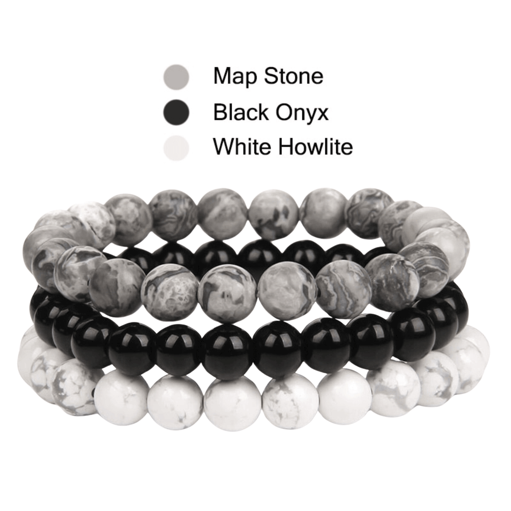 8mm Natural Stone Bracelet Map Stone/Black Onyx/White Howlite 3 Piece Set