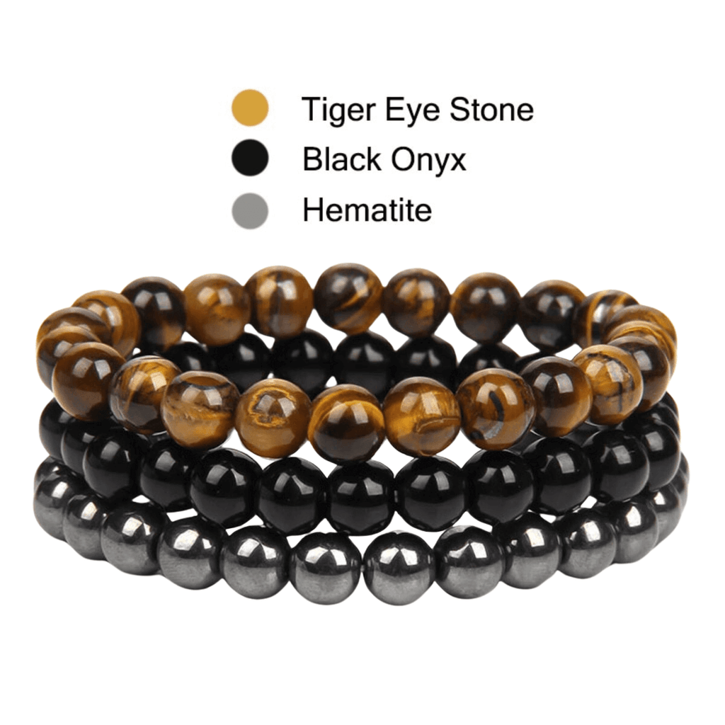 8mm Natural Stone Bracelet Tiger Eye Stone/Black Onyx/Hermalite 3 Piece Set