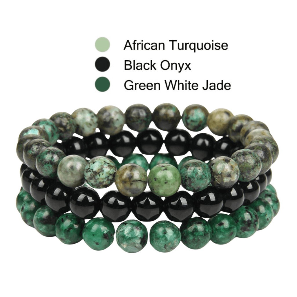8mm Natural Stone Bracelet African Turquoise/Black Onyx/Green White Jade 3 Piece Set