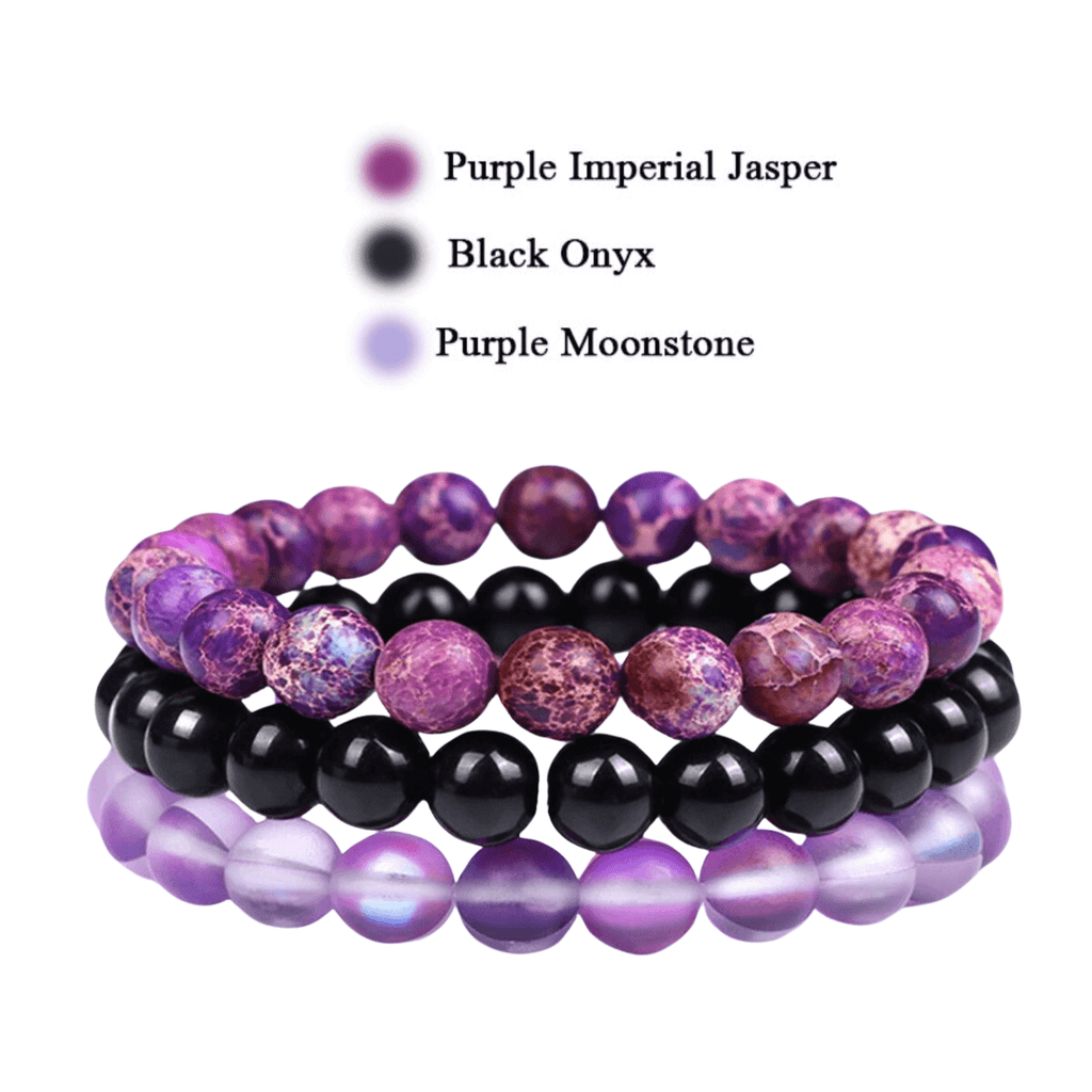 8mm Natural Stone Bracelet Purple Imperial Jasper/Black Onyx/Purple Moonstone 3 Piece Set