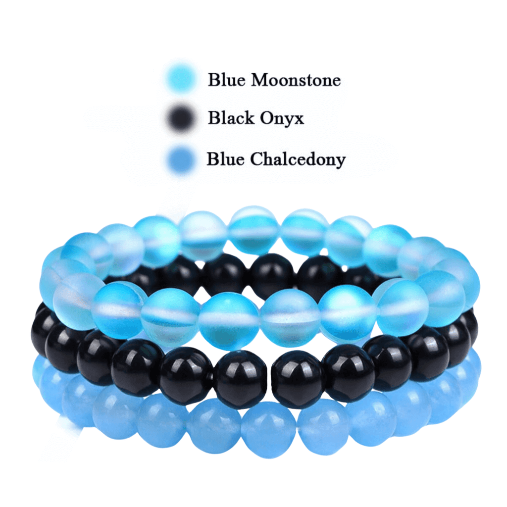 8mm Natural Stone Bracelet Blue Moonstone-Black Onyx-Blue Chalcedony 3 Piece Set