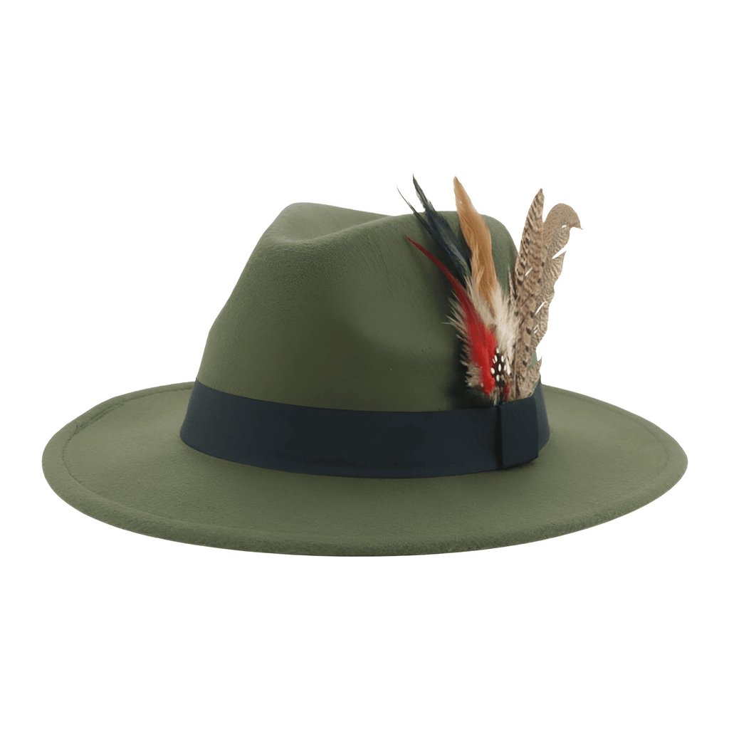 Army Green Fedora With Feather and Band Detailing For Men & Women