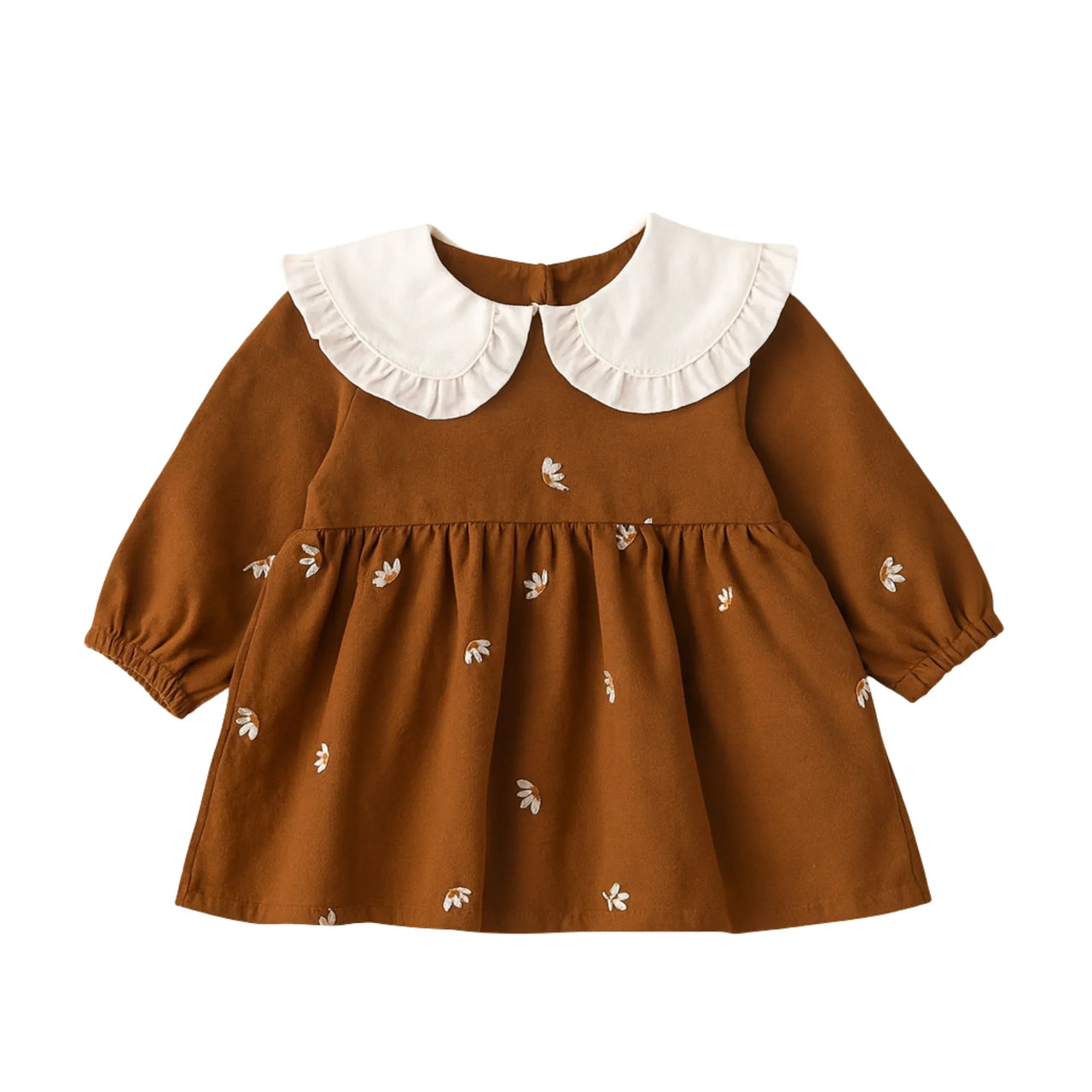 Brown dress with white collar and floral embroidery on a white background