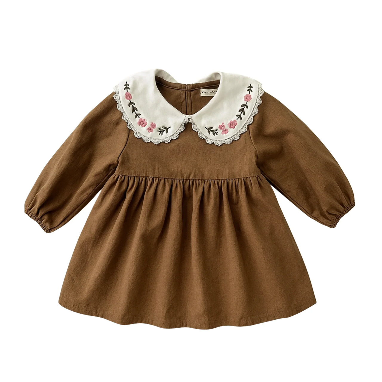 Brown dress with floral and lace collar on a white background