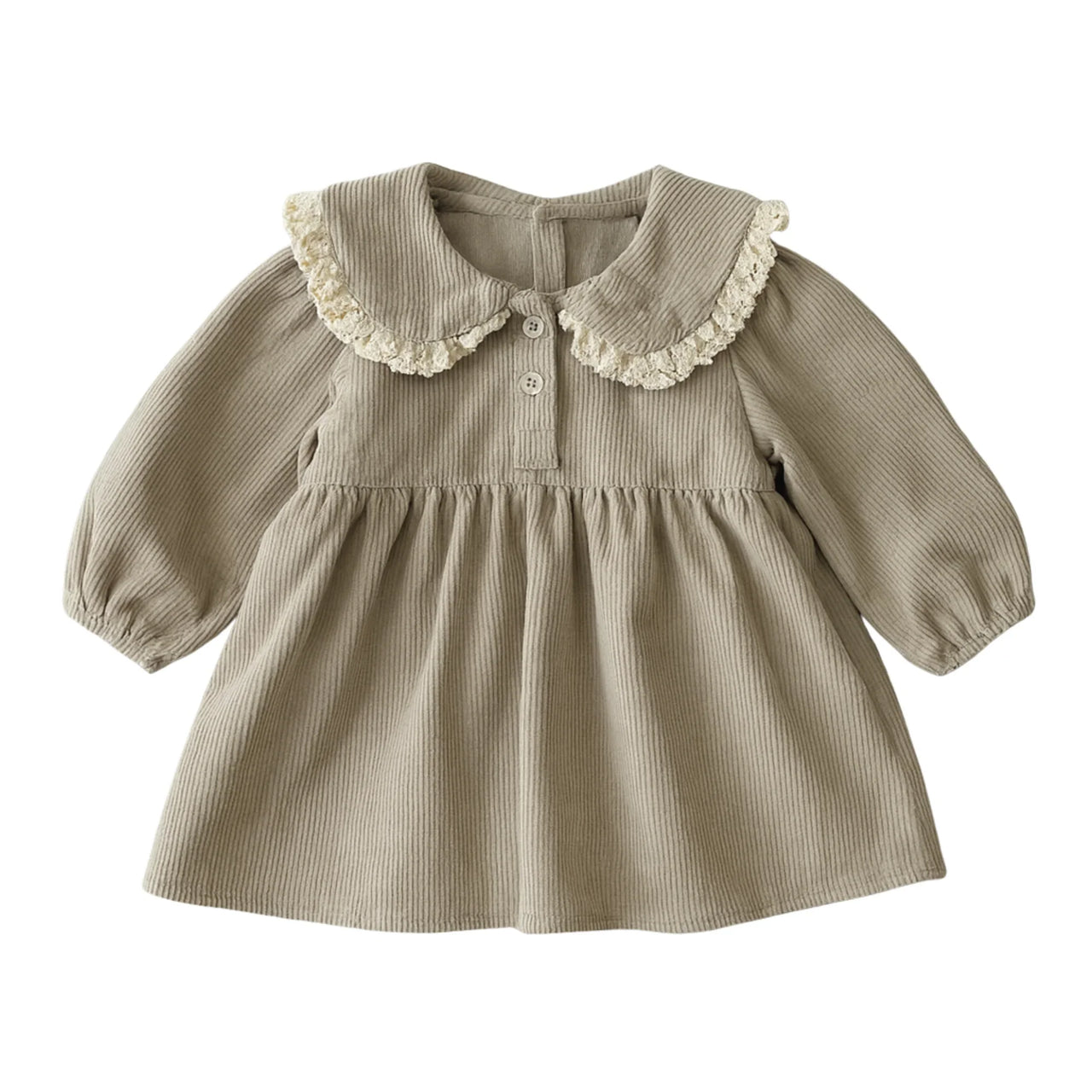 Beige dress with lace on the collar on a white background
