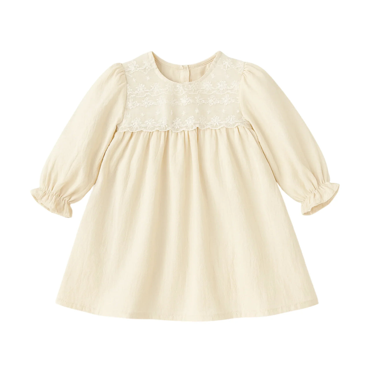 Beige dress with lace neckline on a white background