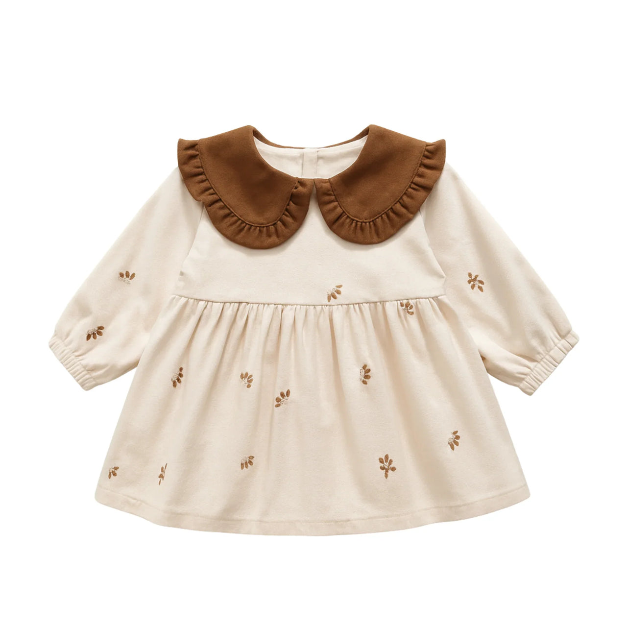Beige dress with brown collar and floral embroidery on a white background