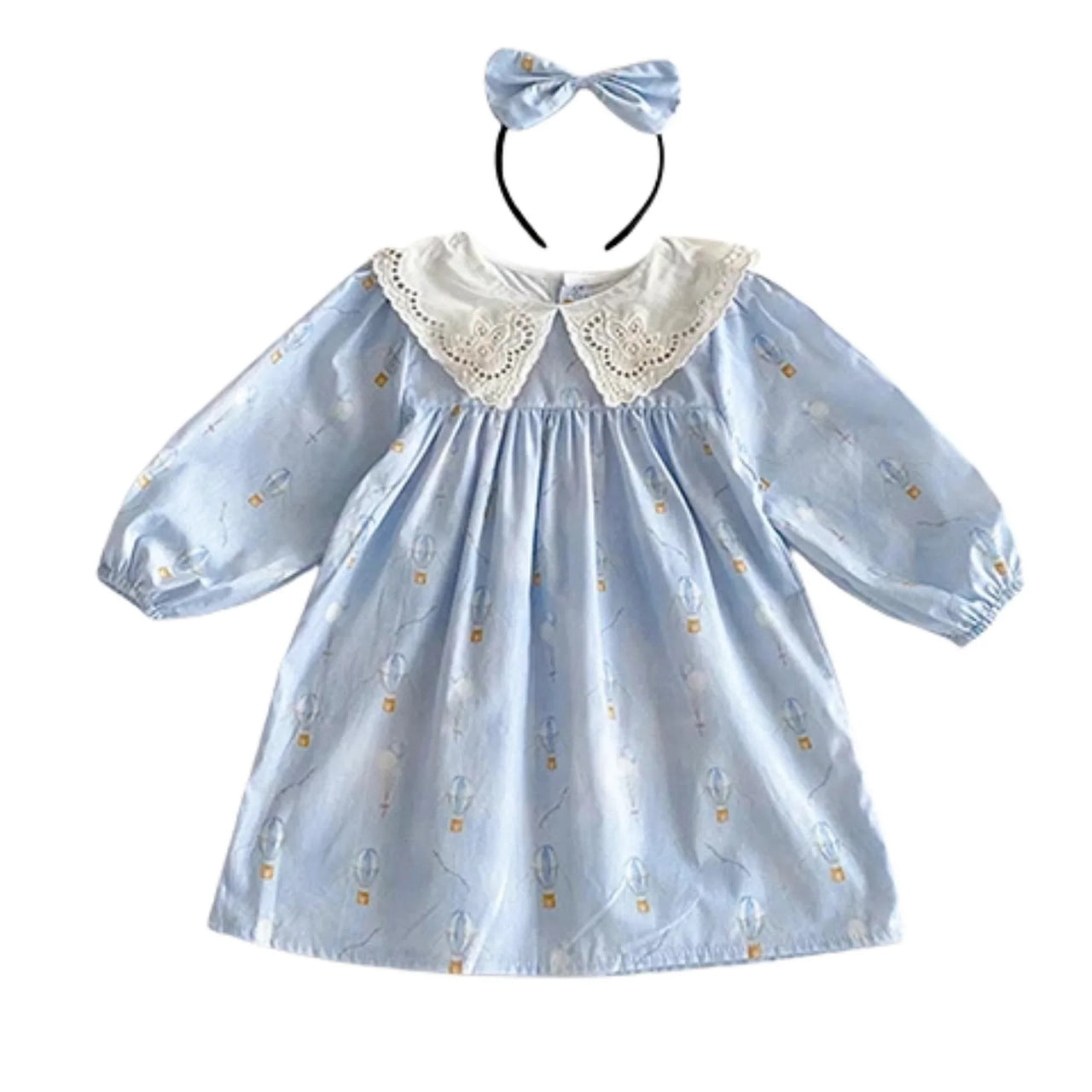 Light blue dress with white collar and matching headband on a white background
