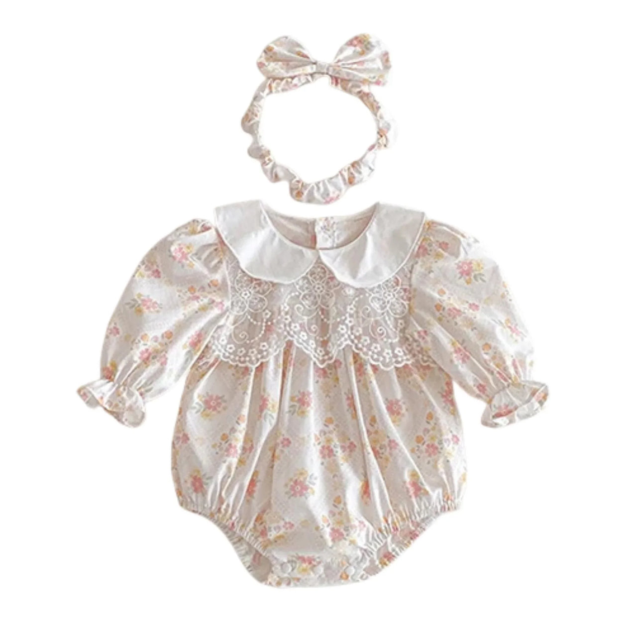 Floral baby romper with lace collar and matching headband on a white background