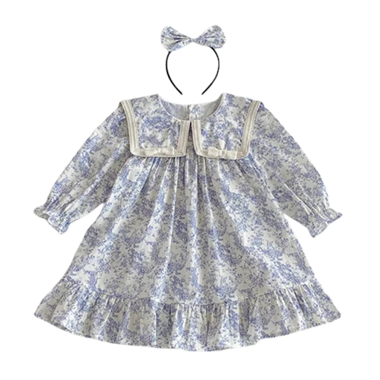 Floral dress with long sleeves and a matching headband on a white background