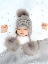 Thumbnail for Baby Hat with Three Real Fur Pompoms -, Hats , Drestiny , Australia, Canada, Hats, New Zealand, United Kingdom, United States , Drestiny , www.shopdrestiny.com