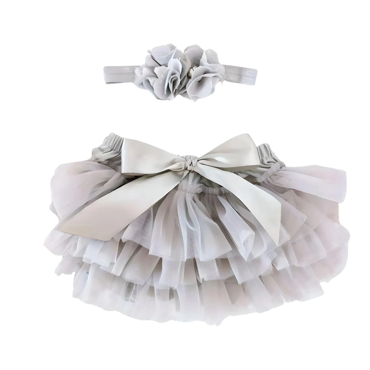 Baby gray tutu skirt and headband set on a white background
