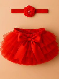 Thumbnail for Red tutu skirt and headband set on a beige background