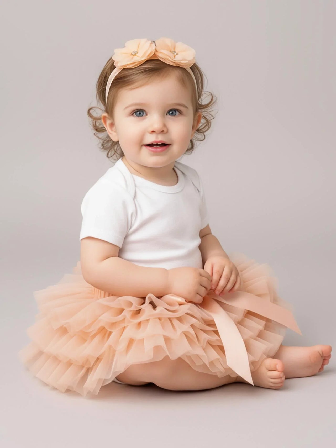 Baby wearing a white onesie with a peach tutu skirt and headband on a light gray background