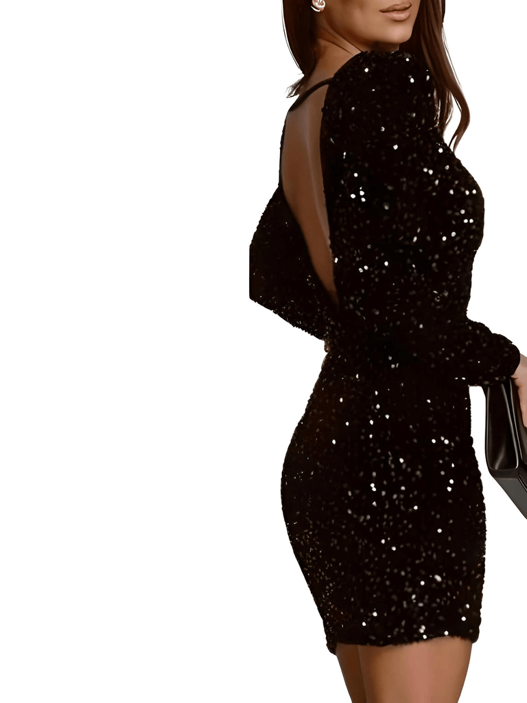 Backless Glitter Sequins Bodycon Black Long Sleeve Dresses For Women
