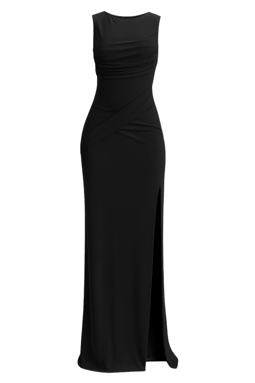 Black evening gown with a slit on a white background