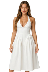 Thumbnail for Woman wearing a white halter neck dress on a white background
