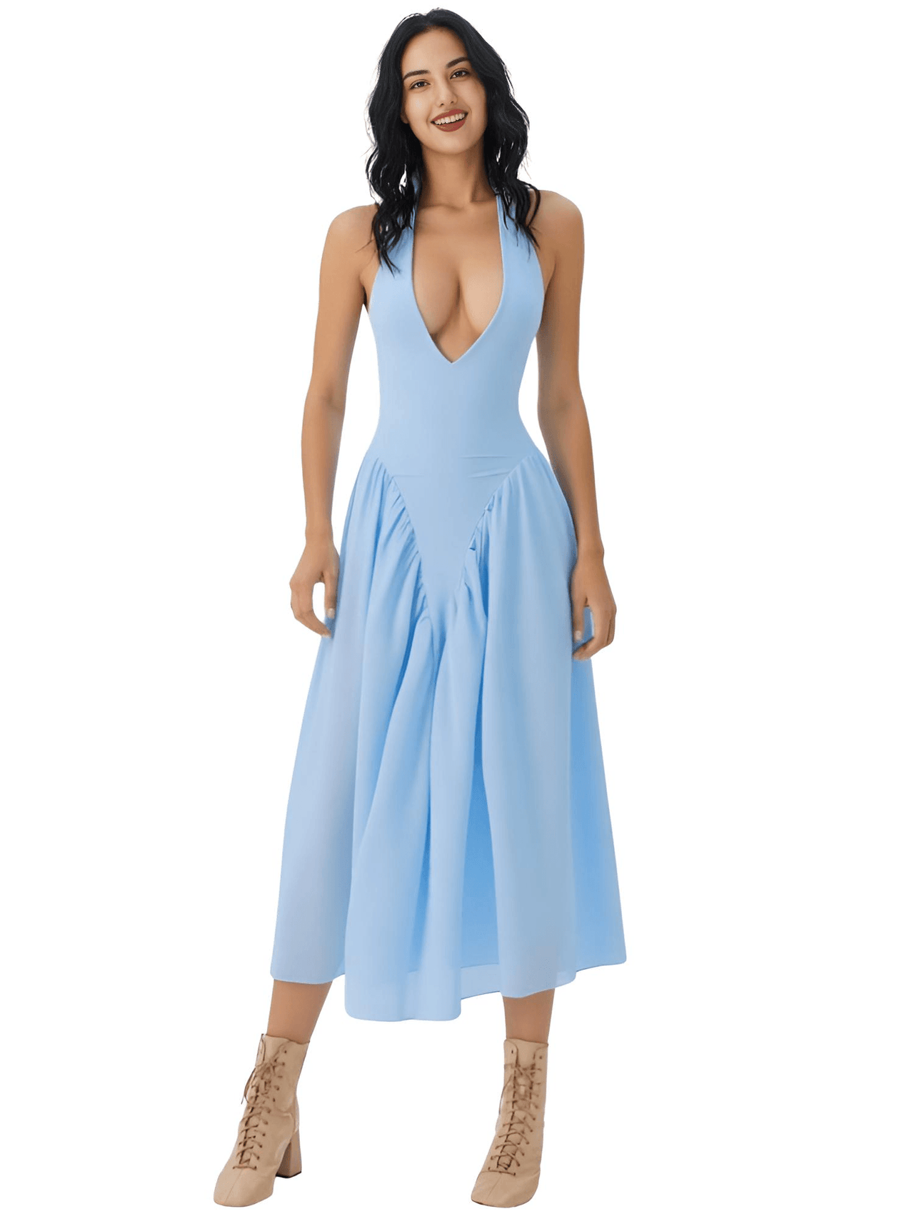 Backless Deep-V Long Dress Summer Women's Sexy Party Dress Halter Spliced New Fashion Slim Sleeveless Long Dress, dresses, midi dresses, Drestiny, Sleeveless, S, M, L, XL, United States, USA, Canada, Australia, New Zealand, United Kingdom, UK, backless midi dress, deep v neck long dress, backless semiformal dress, long light blue backless dress, plunge back midi dress, White, Black, Red, Yellow, Blue, Pink, Claret, Light Blue, Dark Blue, Apricot, Purple, Green, dark red, shopdrestiny.com