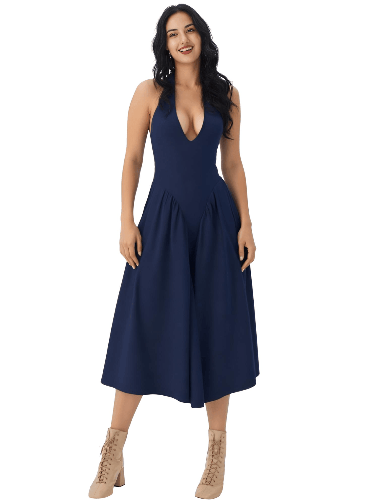 Backless Deep-V Long Dress Summer Women's Sexy Party Dress Halter Spliced New Fashion Slim Sleeveless Long Dress, dresses, midi dresses, Drestiny, Sleeveless, S, M, L, XL, United States, USA, Canada, Australia, New Zealand, United Kingdom, UK, backless midi dress, deep v neck long dress, backless semiformal dress, long navy backless dress, plunge back midi dress, White, Black, Red, Yellow, Blue, Pink, Claret, Light Blue, Dark Blue, Apricot, Purple, Green, dark red, shopdrestiny.com