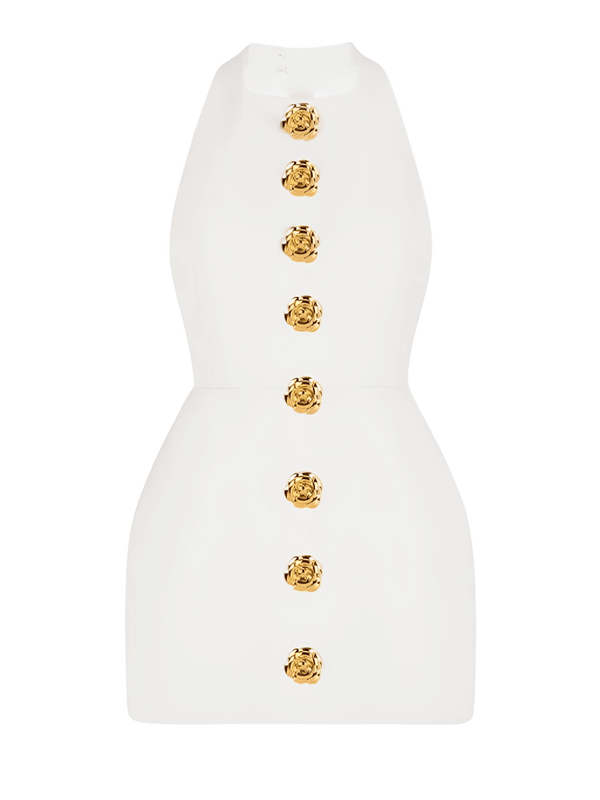 Shop Drestiny for a chic Backless & Sleeveless Halter Mini Dress with Gold Buttons. Enjoy free shipping and let us cover the tax! Seen on FOX, NBC, and CBS.