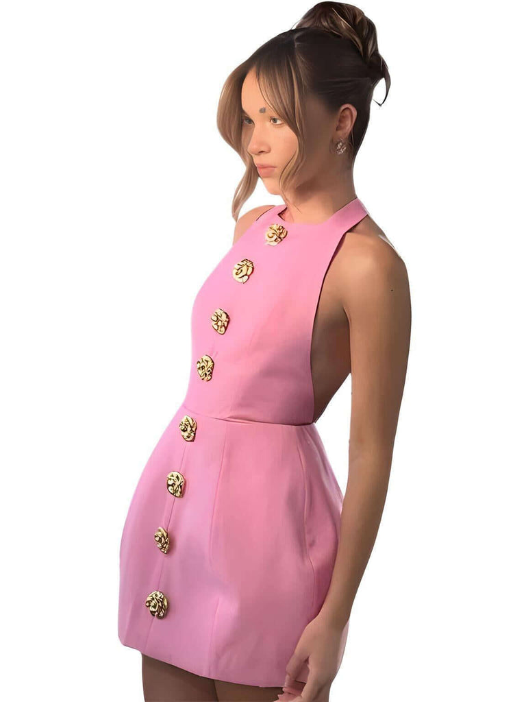 Shop Drestiny for a chic Backless & Sleeveless Halter Pink Mini Dress with Gold Buttons. Enjoy free shipping and let us cover the tax! Seen on FOX, NBC, and CBS.
