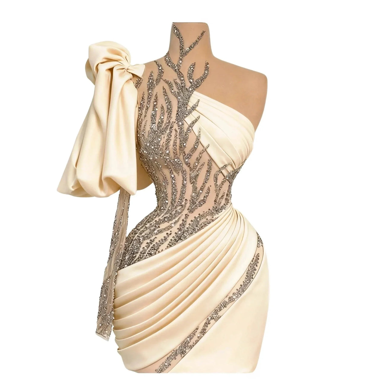 Beige dress with silver embellishments on a mannequin against a white background