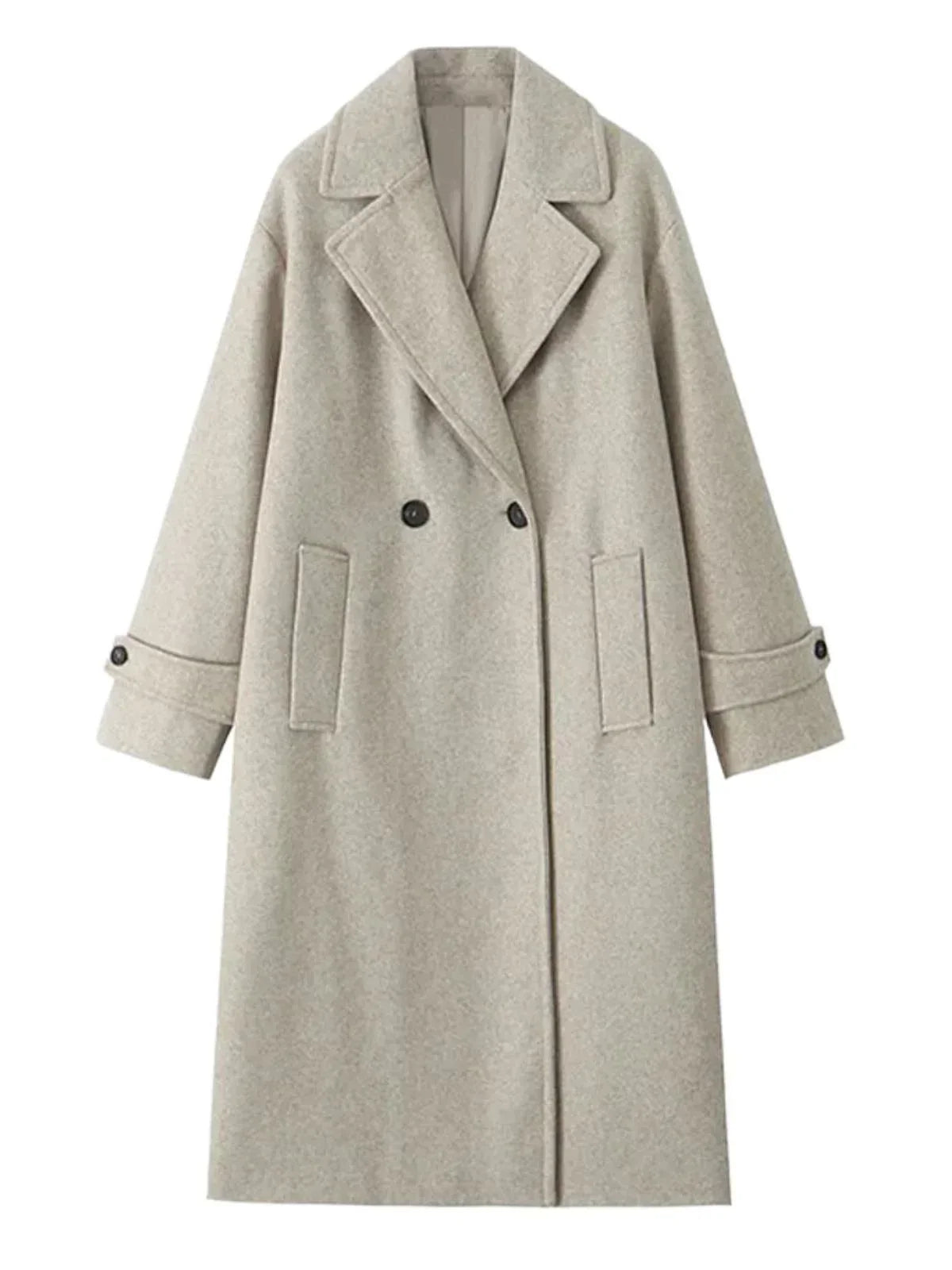 Long beige double breasted coat with pockets and turn down collar on a white background