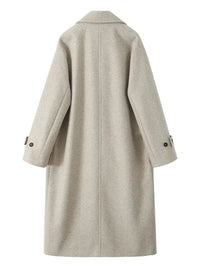 Thumbnail for Back view of a beige double breasted coat on a white background