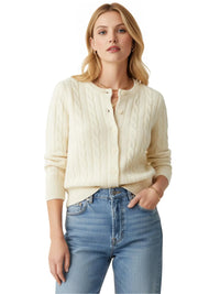 Thumbnail for Woman wearing a beige cable knit cardigan and blue jeans on a white background