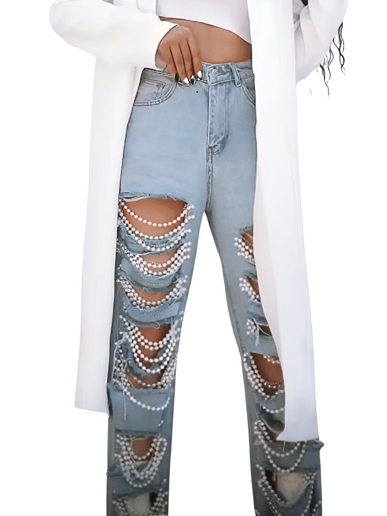 Stylish Big Hole Rhinestone Chains & Pearls Streetwear Jeans for Women. Shop Drestiny for Free Shipping + Tax Covered! Seen on FOX/NBC/CBS. Save up to 50% now!