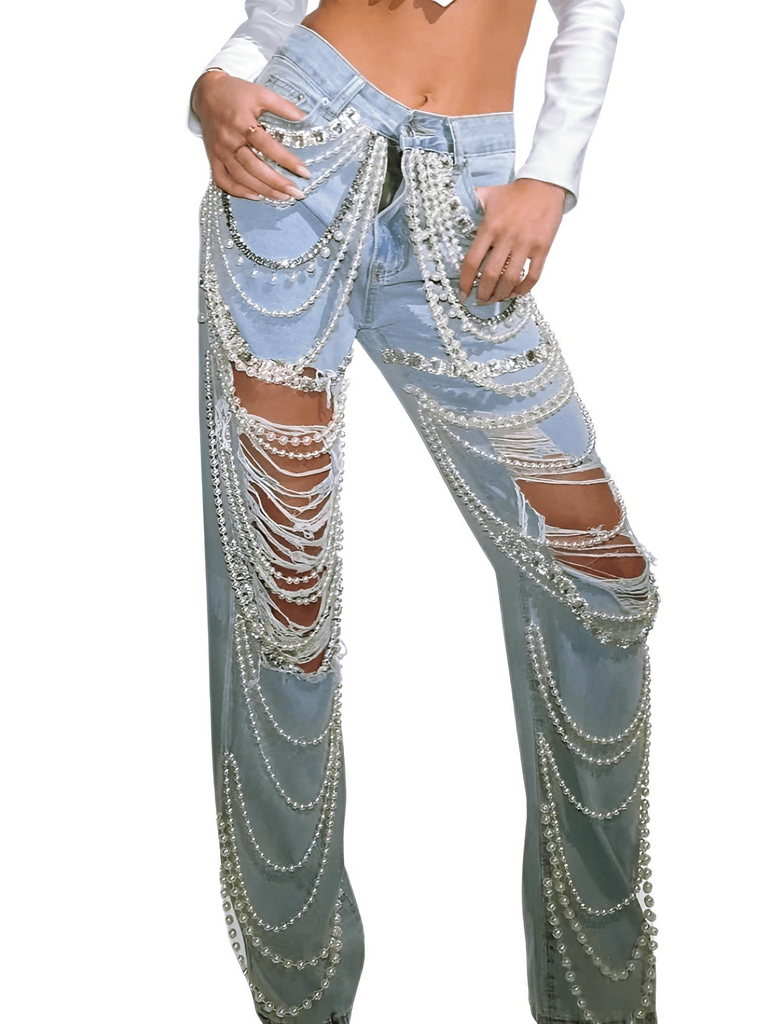 Stylish Big Hole Rhinestone Chains & Pearls Streetwear Jeans for Women. Shop Drestiny for Free Shipping + Tax Covered! Seen on FOX/NBC/CBS. Save up to 50% now!