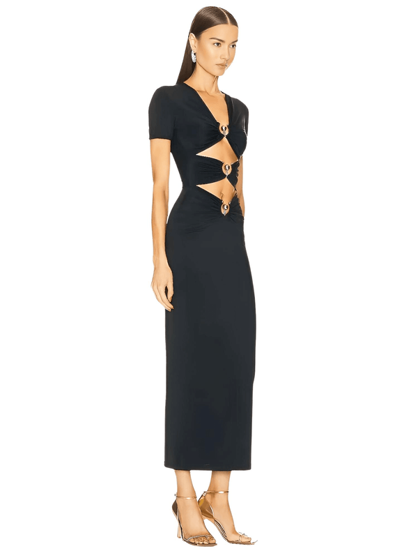 Black Gold Button Elegant Fashion Mid-Dress For Women