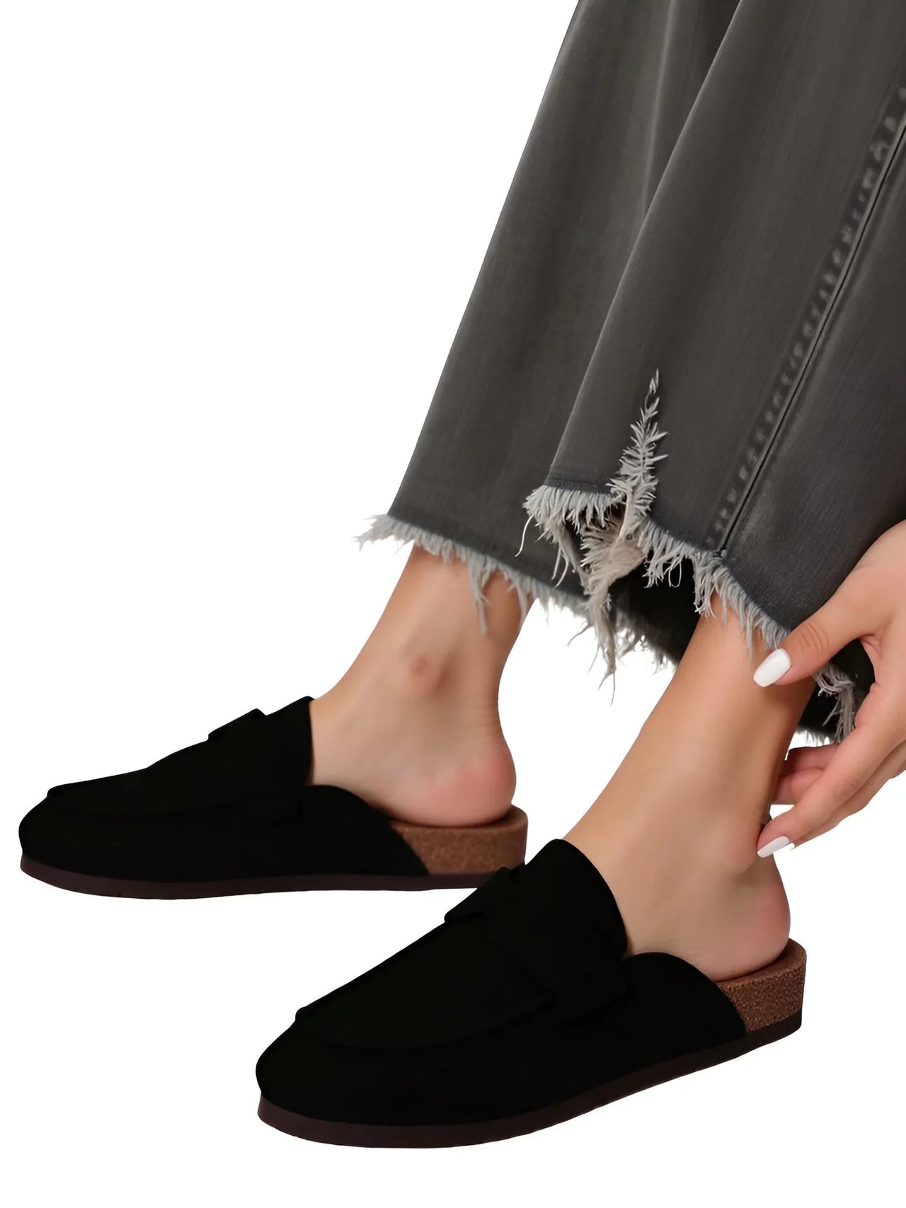 Pair of women's black Birkenstock style suede sandals on a white background