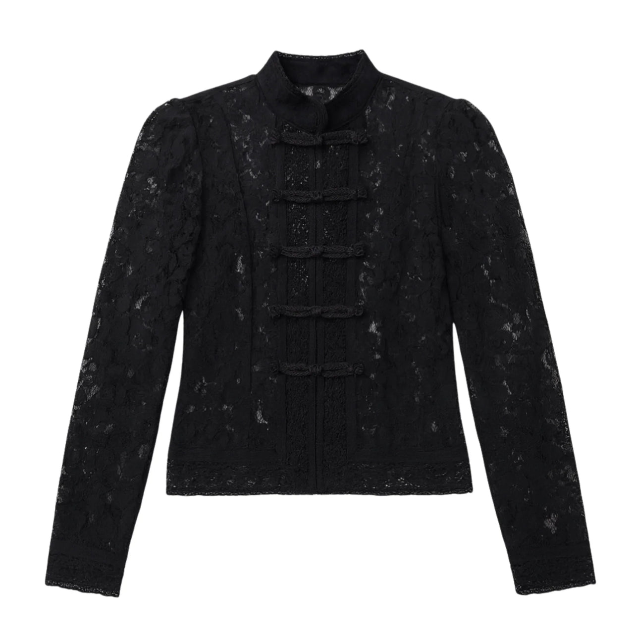 Black lace blouse with button details on a white background