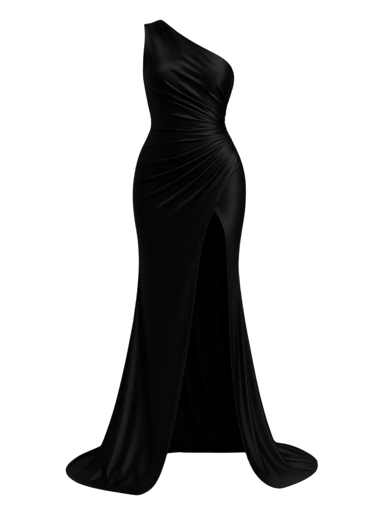 Black one-shoulder draped maxi dress on a white background
