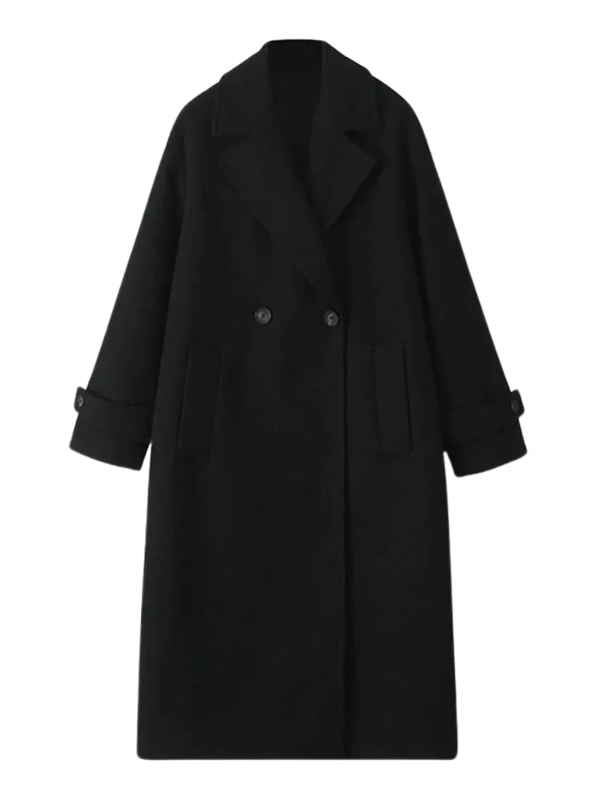 Long oversized double breasted black coat with pockets and a turn down collar on a white background.