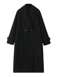 Thumbnail for Long oversized double breasted black coat with pockets and a turn down collar on a white background.