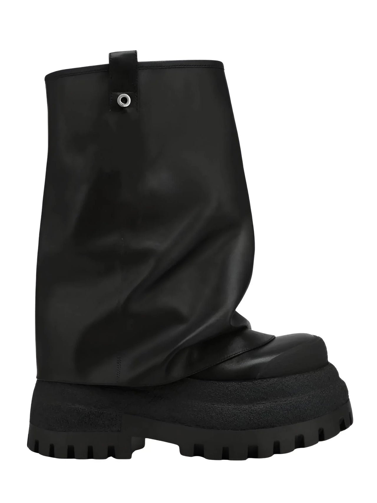 Black leather slouch boot with a thick sole on a white background