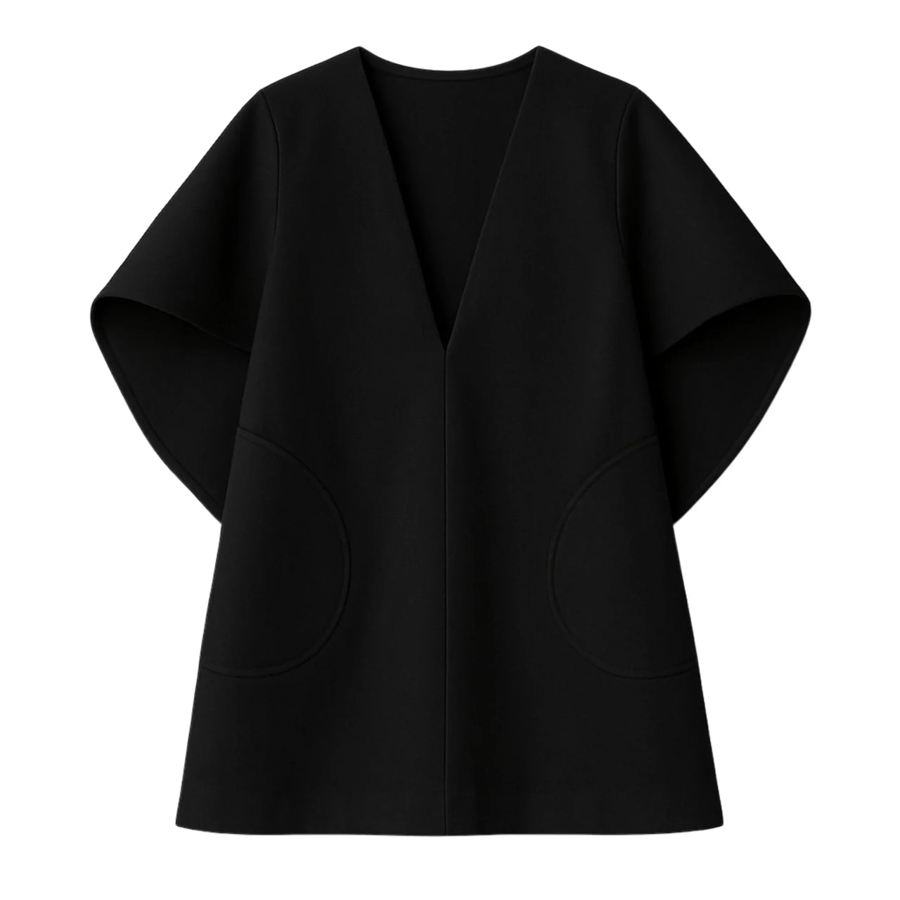 Black cape sleeve mini dress on a white background