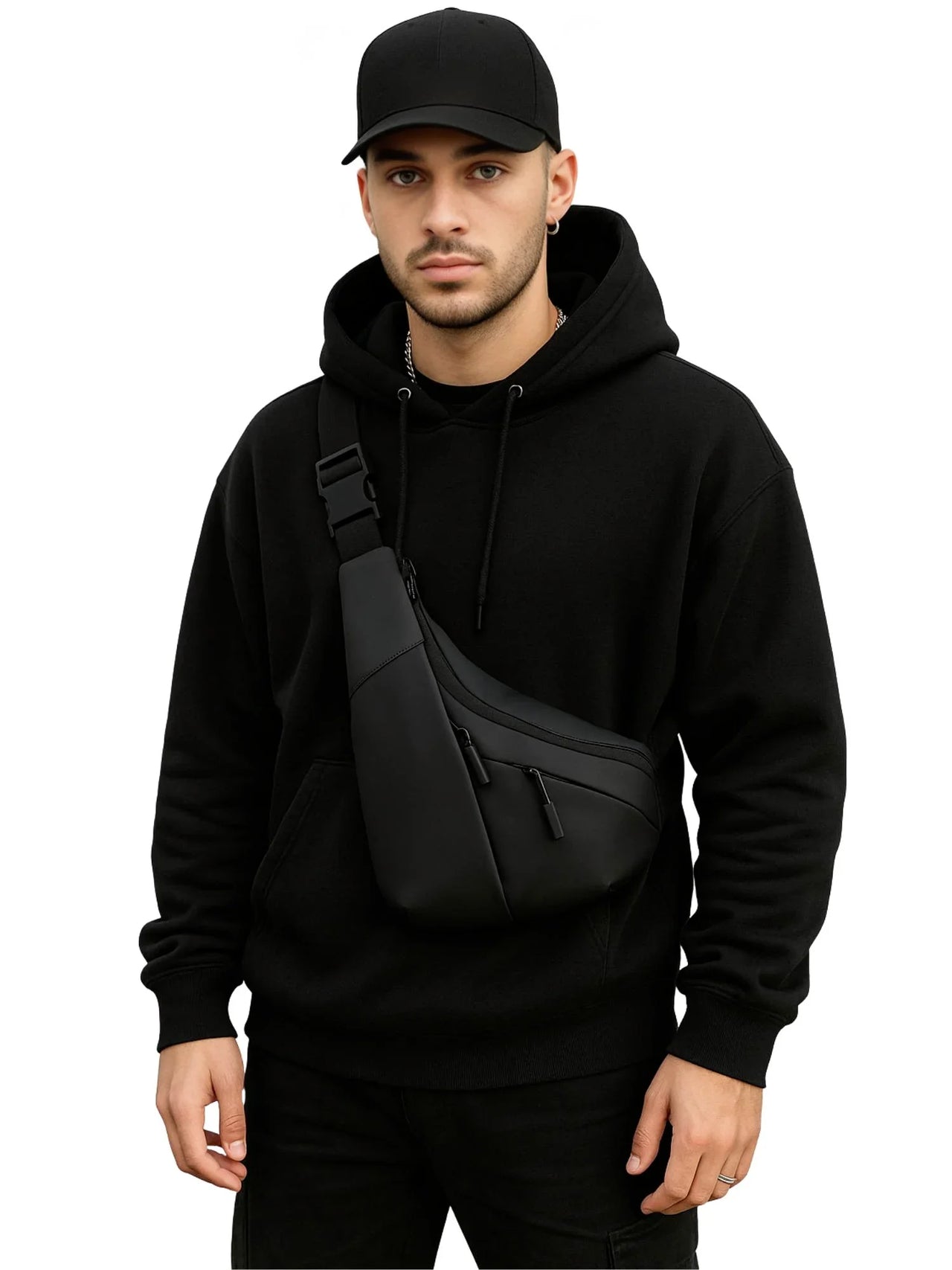 Man wearing a black hoodie and cap with a black sling bag on a white background