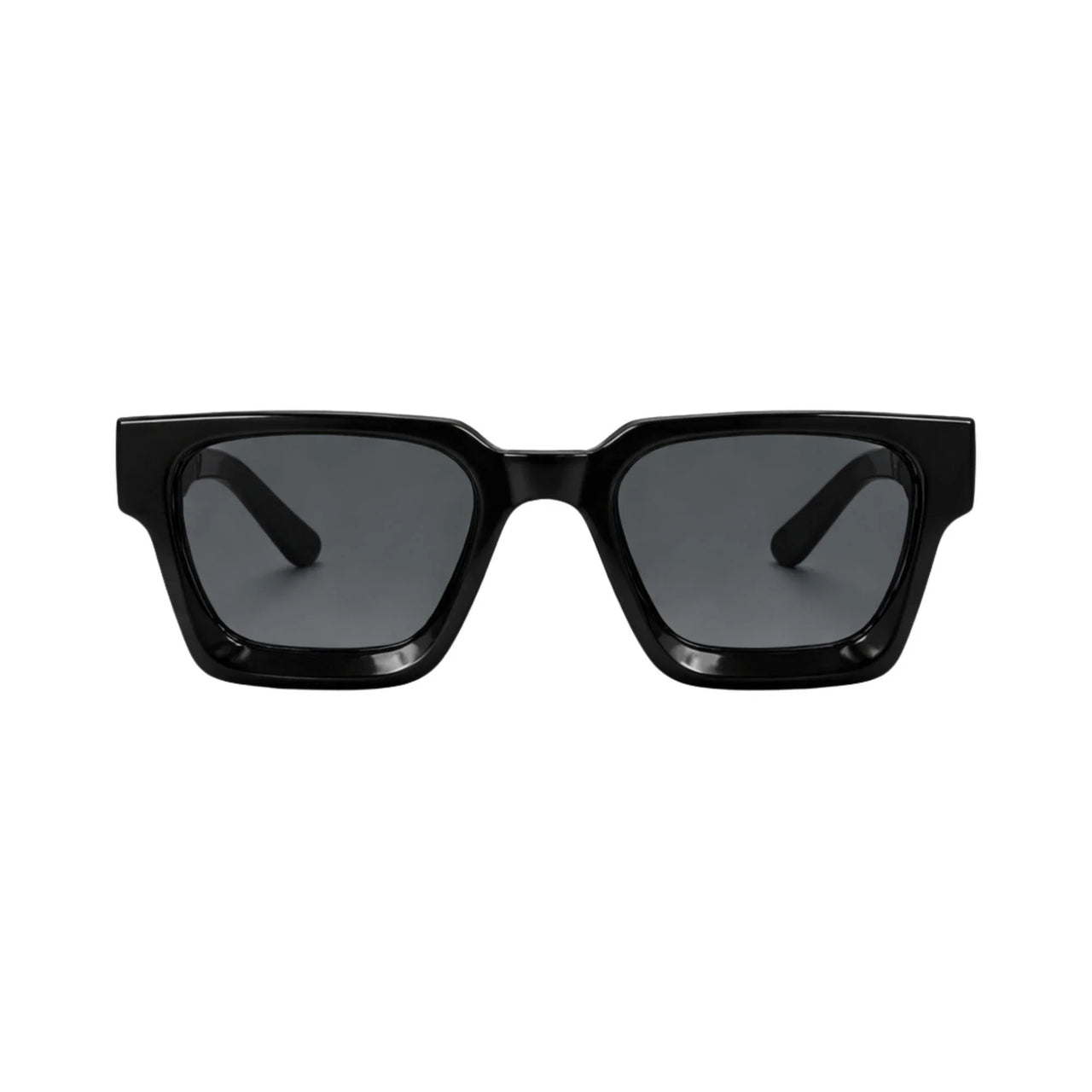 Black sunglasses with dark lenses on a white background