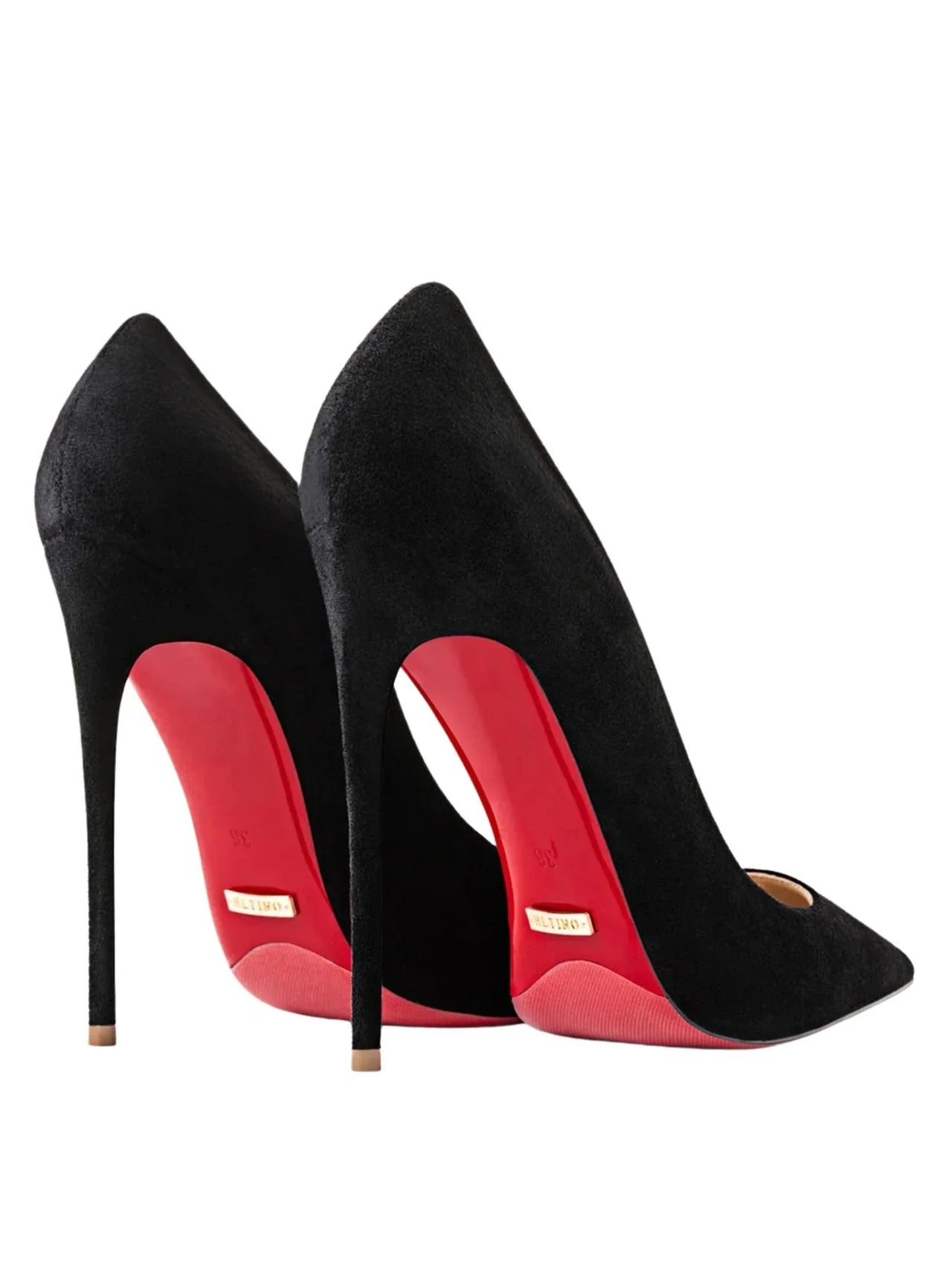 Black high-heeled shoes with red soles on a white background