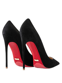 Thumbnail for Black high-heeled shoes with red soles on a white background