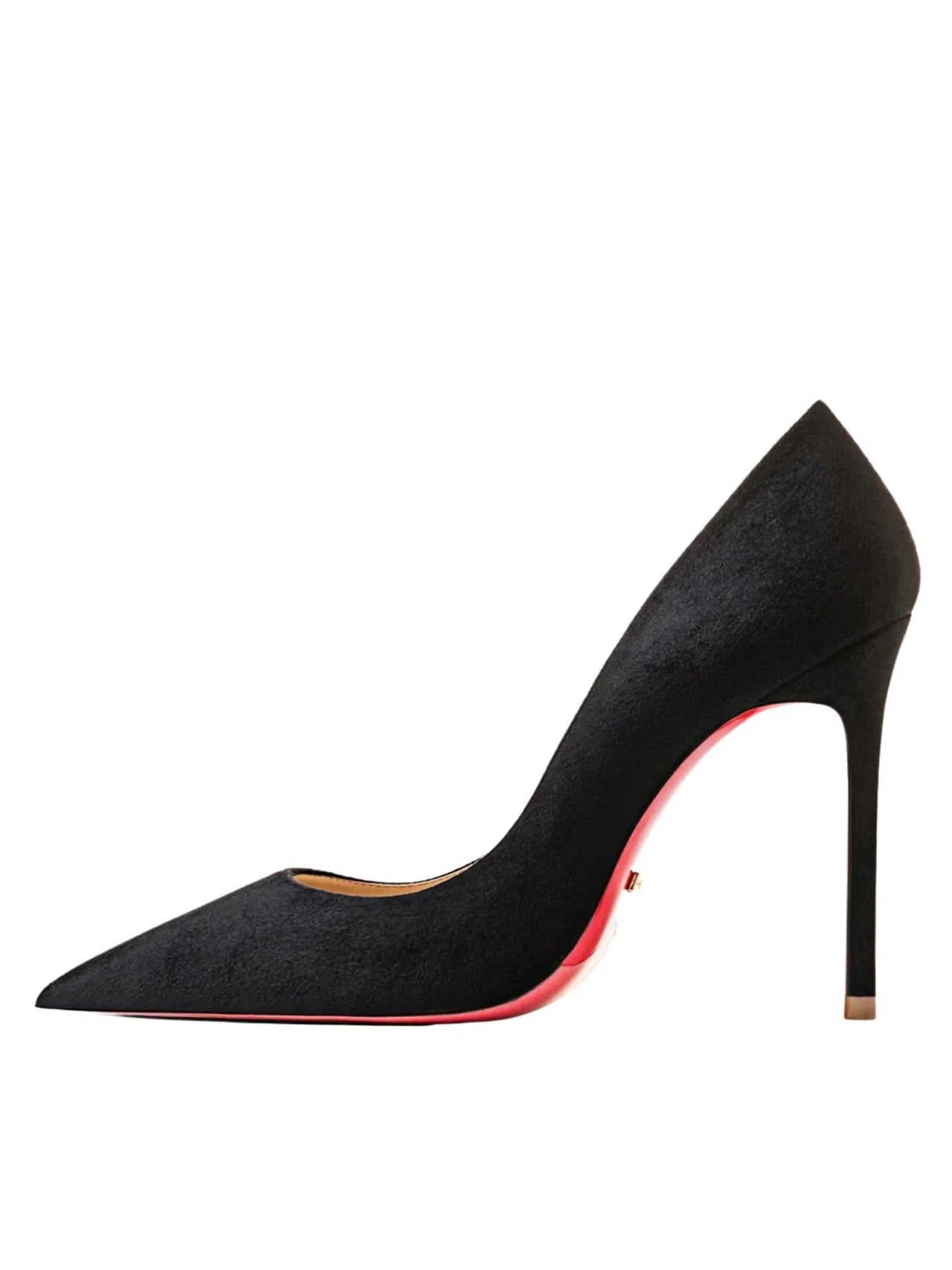 Black high-heeled shoe with a red sole on a white background