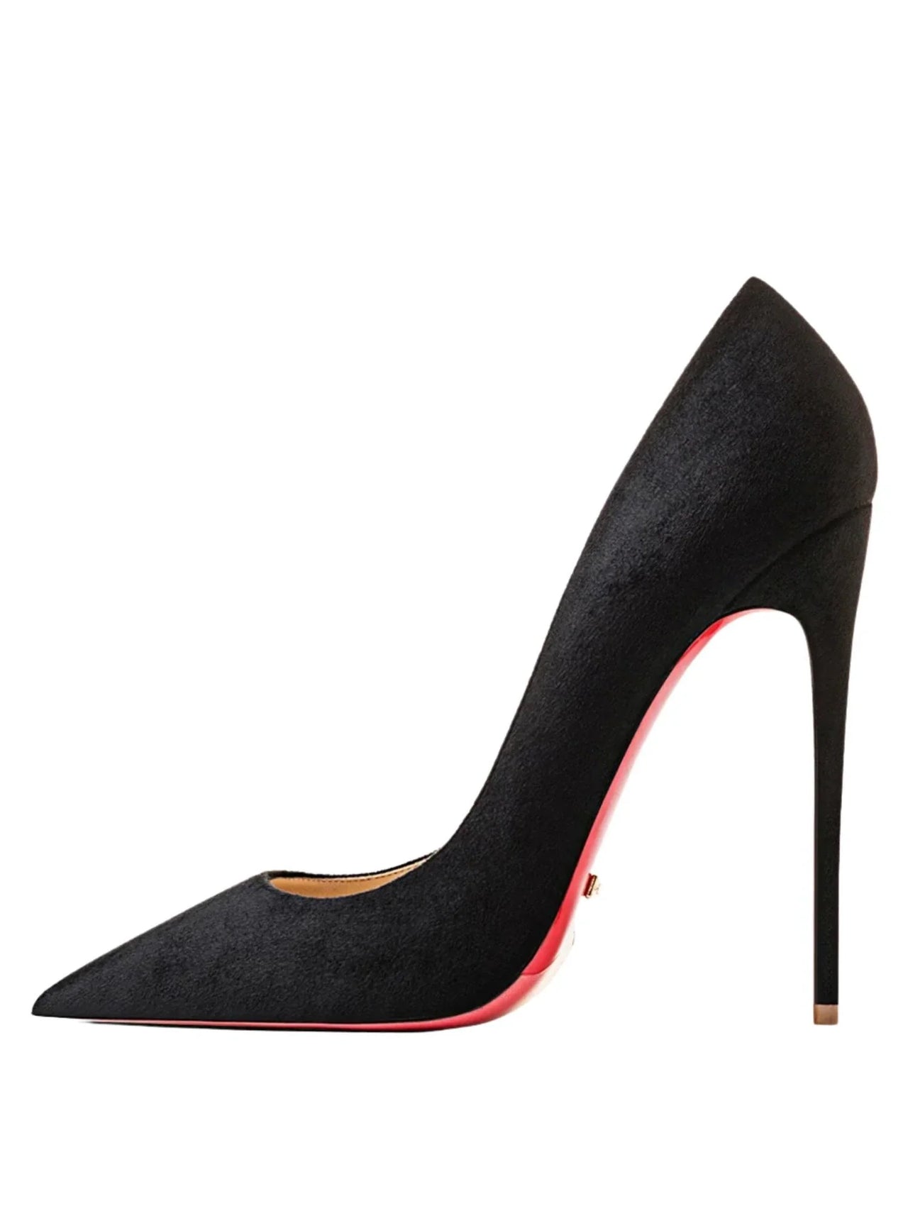 Black high-heeled shoe with a red sole on a white background