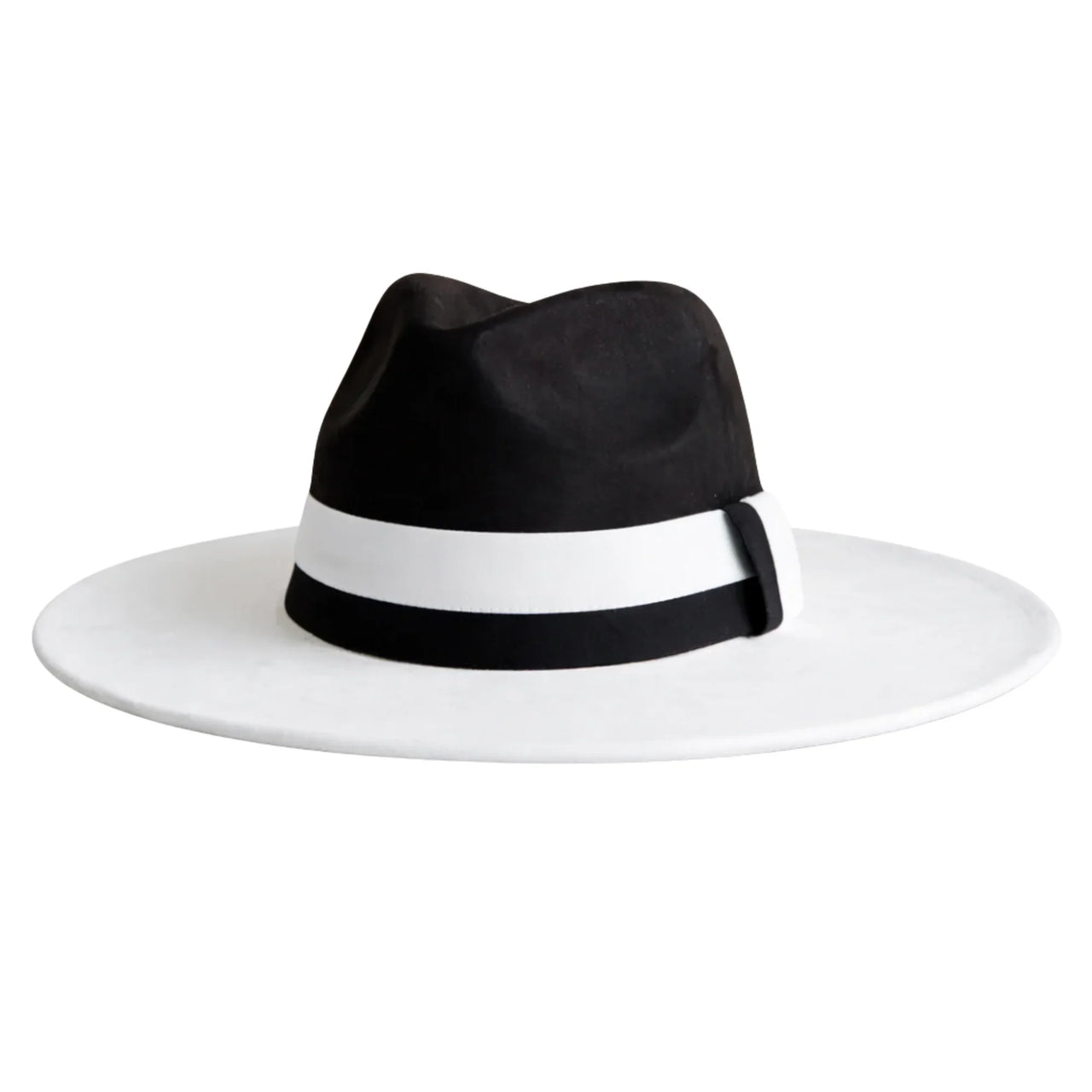 Black fedora hat with a white band on a white background