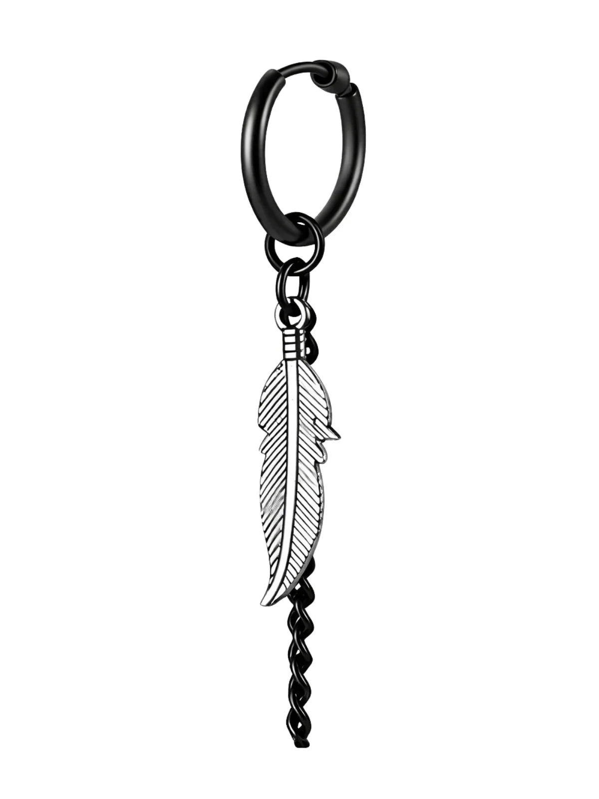 Black hoop earring with a silver feather charm on a white background