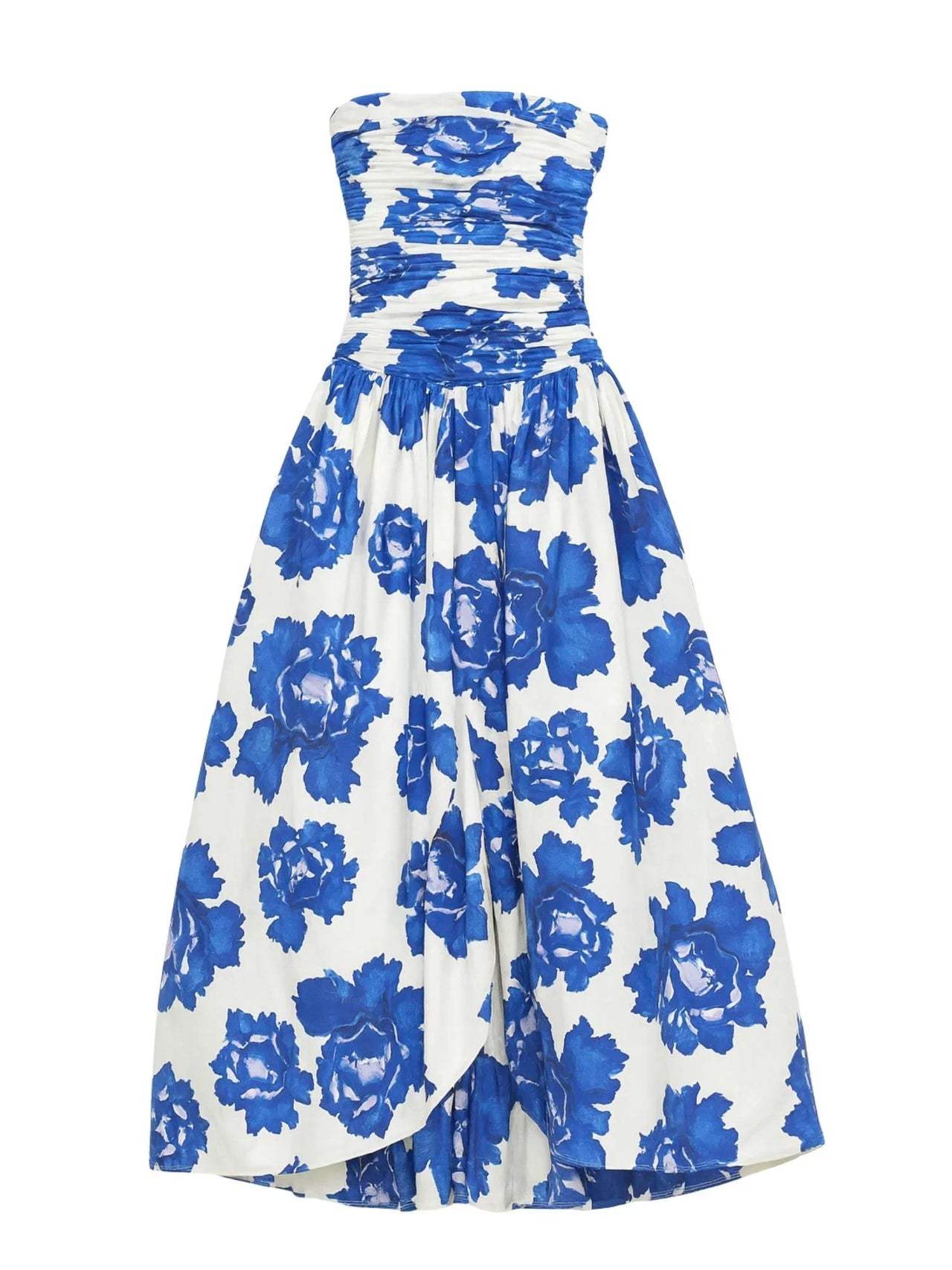 Blue floral strapless bubble dress on a white background